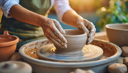 woman's hands shaping clay on pottery wheel, embodying creativity and artisanal craftsmanship
