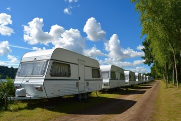 Serene Summer Scene: White Caravans in a Picturesque Park Setting
