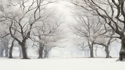 a group of trees with no leaves on them in a snow covered park with a bench in the foreground.