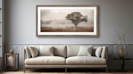 a living room with a couch and a picture hanging on the wall above the couch is a foggy tree.