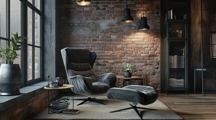 Minimalist Interior Design: Black Armchairs Against Brick Wall in 3D Rendering