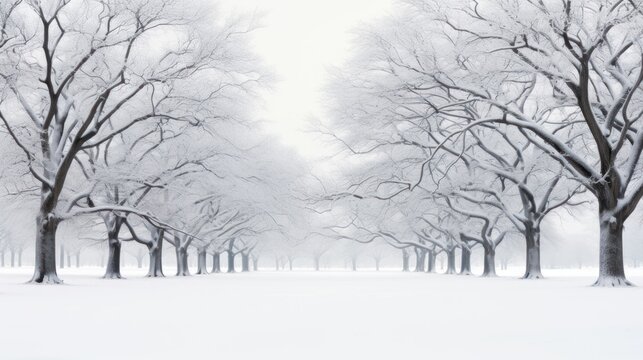a row of trees covered in snow on a snowy day with no leaves on the trees and no leaves on the ground.