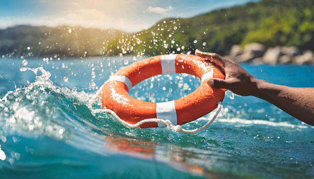 hand reaching for distant lifebuoy amidst splashing water symbolizing lifeline concept