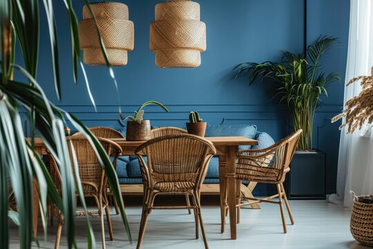 Scandinavian Dining Room: Rattan Furniture And Wooden Table Against Blue Wall