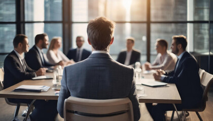 Fototapeta na wymiar rearview of Blurred CEO in boardroom meeting, symbolizing leadership, strategy, corporate vision