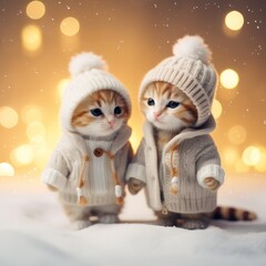 Adorable Baby Kittens in Kitsch Outfits Holding Hands in Snow