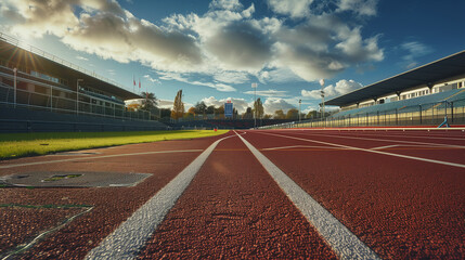 Athletics track at the stadium at sunset. 3d rendering