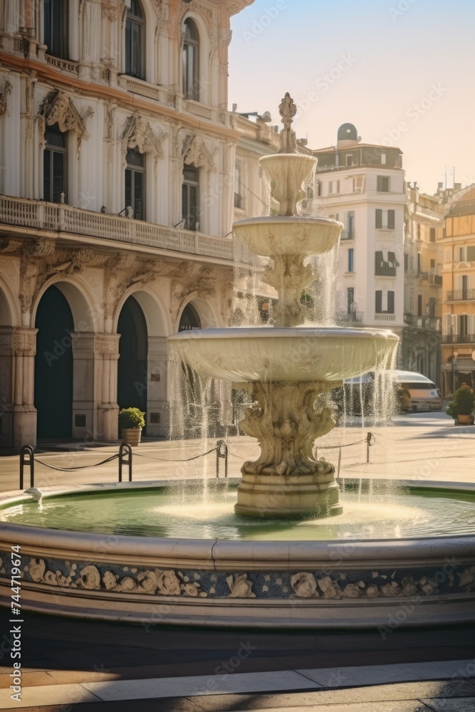 Poster a fountain in the middle of a plaza with buildings in the background. ideal for urban design concept
