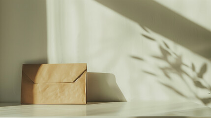 3d rendering of brown envelope mockup on white table with shadow overlay