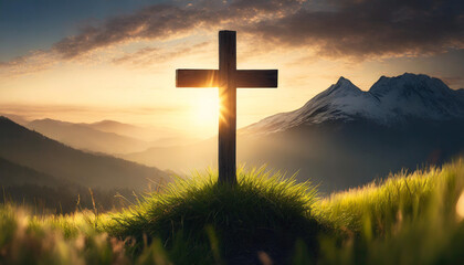 Silhouette Christian cross on grass in sunrise, symbolizing hope and faith in divine grace - obrazy, fototapety, plakaty