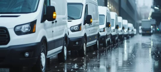 Foto op Plexiglas New vans in parking bay, copy space, blurred warehouse background, commercial fleet ready for work. © Ilja