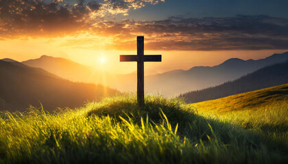 Silhouette Christian cross on grass in sunrise, symbolizing hope and faith in divine grace
