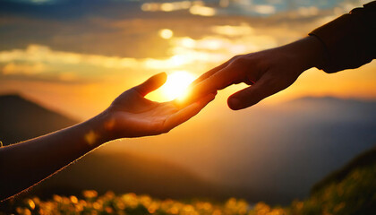 Silhouette hand reaching out before vibrant sunset, conveying support & connection