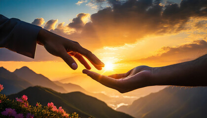 Silhouette hand reaching out before vibrant sunset, conveying support & connection