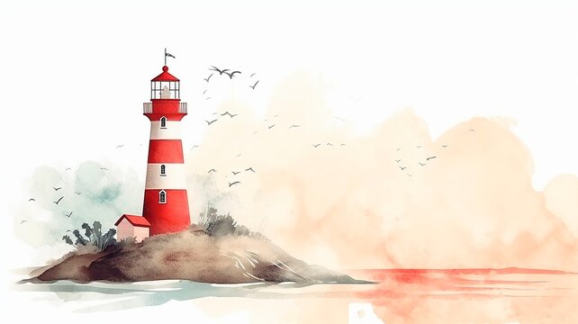 Vertical watercolor drawing of  lighthouse on the coast of the sea