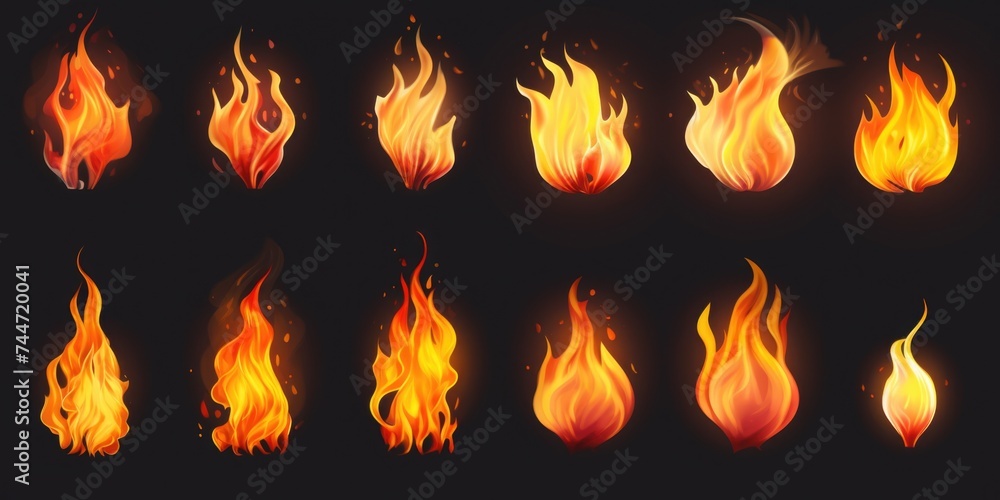 Poster a set of fire flames on a black background. suitable for various graphic design projects