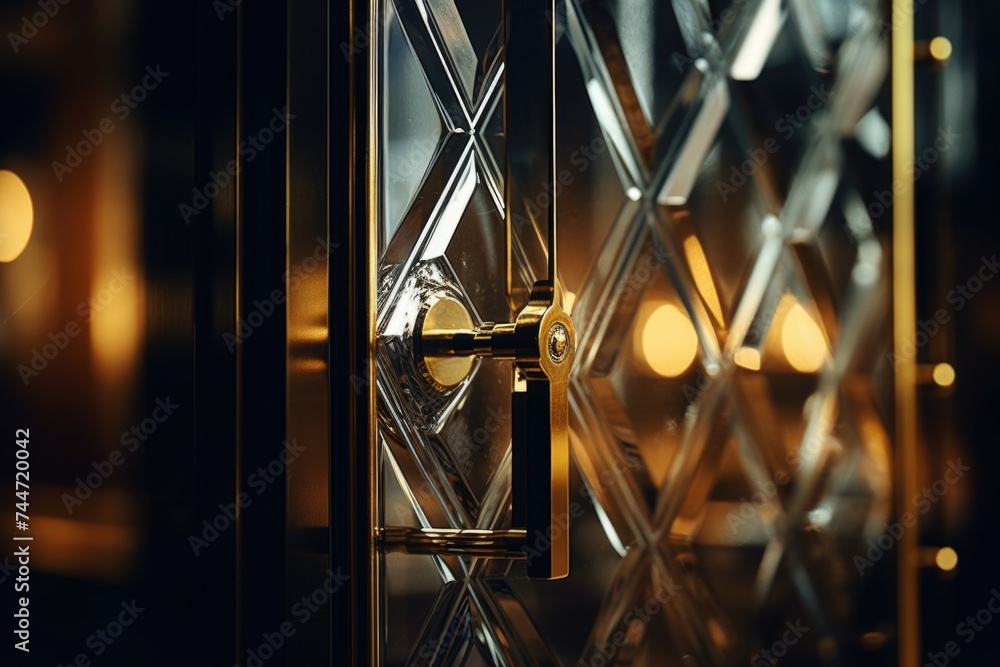 Poster close up view of a door handle on a glass door. perfect for architectural or interior design concept