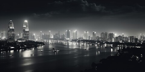 Fototapeta premium A black and white photo of a city at night. Suitable for urban themes