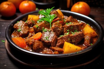 A bowl of hearty stew with fresh potatoes and carrots. Perfect for food and cooking concepts