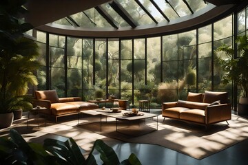 A nature-inspired lounge with earthy tones, natural materials, and large windows showcasing a lush...