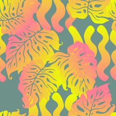 Naklejka premium Monstera leaves decorative seamless pattern for textile design, fabric print, digital or wrapping paper, wallpaper, background and backdrop, decoration. Tropical summer holiday theme.