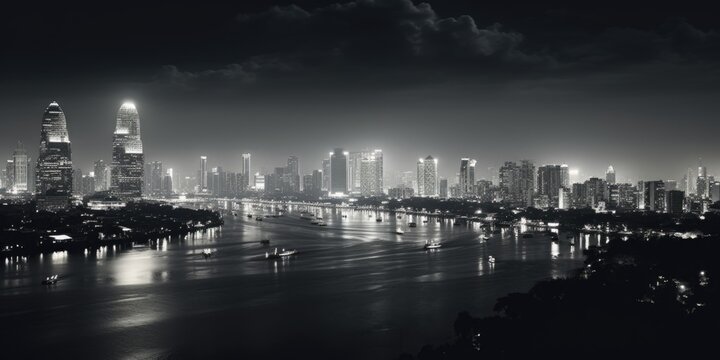 A black and white photo of a city at night. Suitable for urban themes