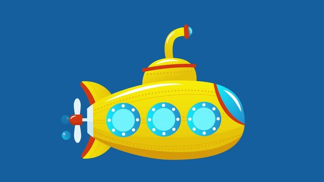 Yellow cartoon submarine with periscope and propeller on blue background. Air bubbles come out. Pre-rendered with alpha channel with 4K resolution, looping. Vector graphic.