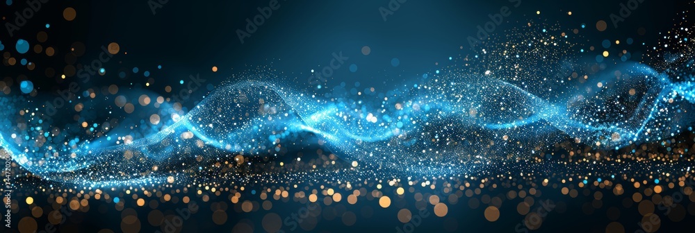 Poster futuristic neon wave lines and bokeh lights background with data transfer concept.