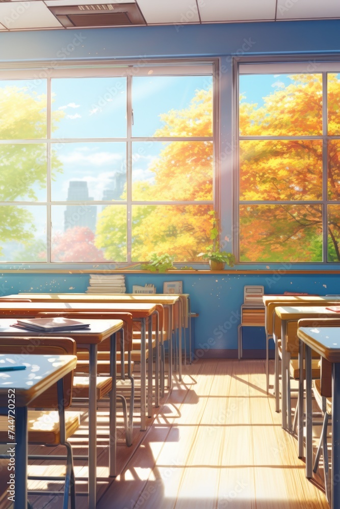 Poster A classroom setting with desks and a large window, suitable for educational and office-related themes