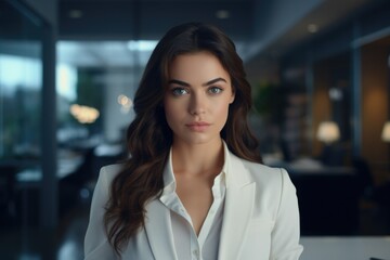 A woman wearing a white shirt and blazer, suitable for business or casual concepts