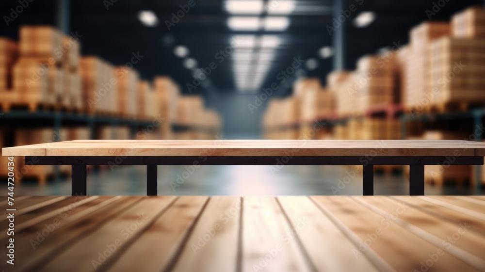 Poster the empty wooden table top with blur background of warehouse storage. exuberant image. generative ai