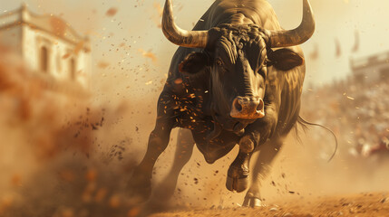 Intense Bull Charge, Dust Flying in Arena, Dynamic Action of Traditional Bullfighting Event,Close-up of Charging Bull's Power and Movement,Cultural Sports Photography, Adrenaline and Strength Captured