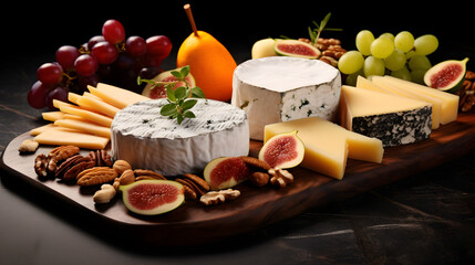 Assortment of different types of cheeses, fruits and nuts on a wooden board on a dark background, isolated Concept of a romantic dinner or tasting
