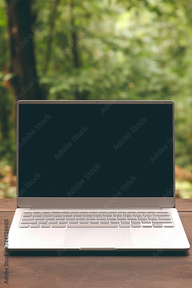 Aufkleber modern laptop computer on a rustic wooden table, suitable for technology or workspace concepts
