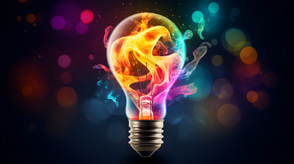 Business idea concept. Watercolor illustration, a light bulb of bright colors and high quality on a bokeh background
