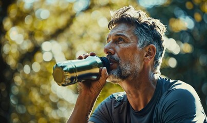 Man drinking water in a reusable metal bottle after an outdoor workout, walking , running, cooling down. Middle aged 50s, 60s, senior keeping healthy exercise  