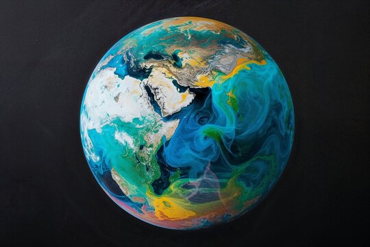 Satellite image of Earth from outer space, heat map colors, showing global warming, greenhouse gas concept. Colorful globe