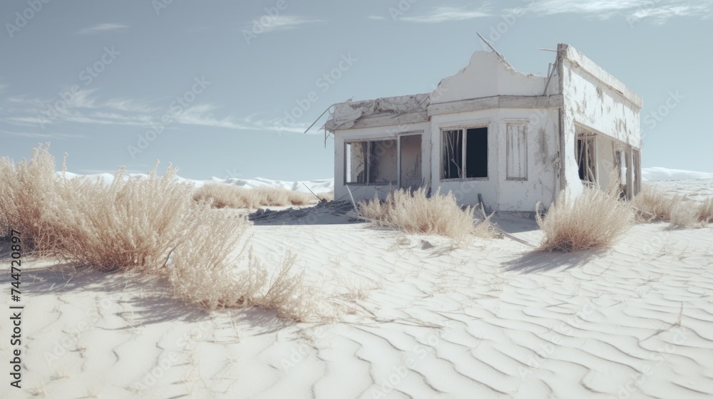 Poster an old abandoned building in the middle of the desert. suitable for historical or post-apocalyptic t