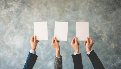 Three diverse hands hold blank papers against white background for copy space. Symbolizing recruitment, diversity, opportunity