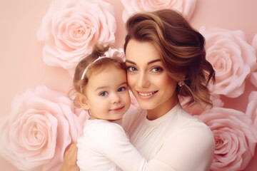 A woman holding a little girl in front of pink roses. Perfect for family and motherhood concepts - obrazy, fototapety, plakaty