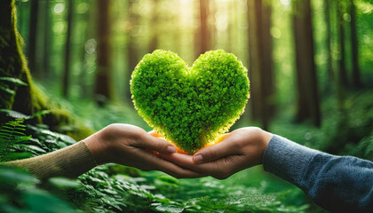 hands cradle a glowing green heart in a lush forest, symbolizing environmental love and care