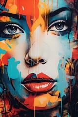 A realistic painting of a woman's face on a wall. Suitable for interior design projects