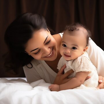 Joyful MotherChild Interaction Delightful Corporate Photo of Indian Woman and Infant