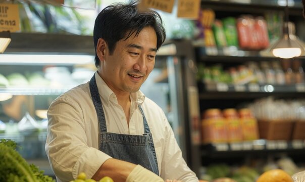 Asian man working at a grocery store check out, happy and  focused on his work wearing an apron, business owner, mature