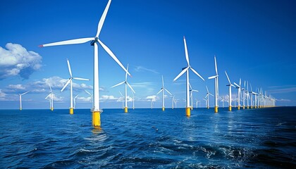 Aerial view of offshore wind farm generating clean energy from white turbines in blue waters and sky