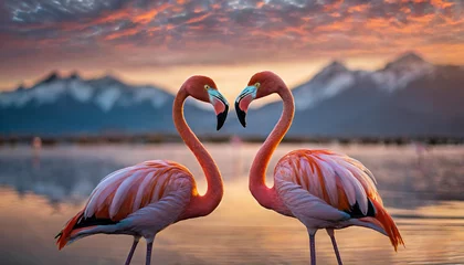 Gardinen Two flamingos create heart shape at sunset, symbolizing love and togetherness © Your Hand Please