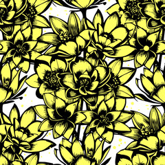 seamless pattern of black and yellow flowers on a white background, texture, design