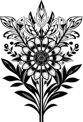 black graphic contour drawing of a bouquet of flowers on a white background, design