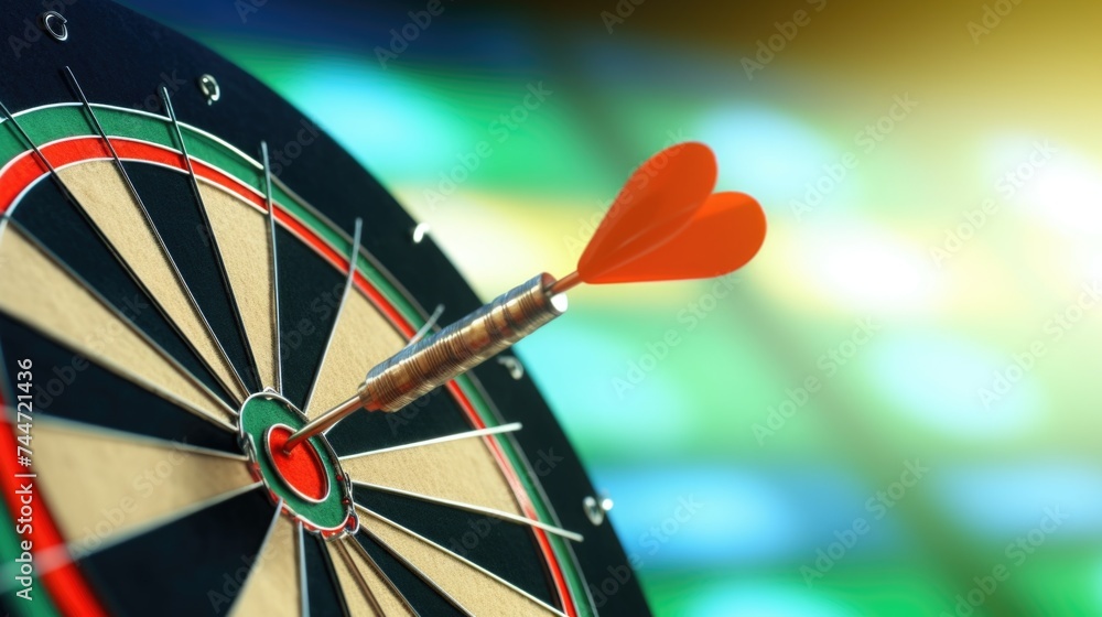 Poster a dart hitting the bullseye on a dart board, perfect shot for success in business or competition