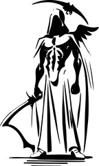 Black graphic silhouette of the reaper of death, badge, logo, tattoo